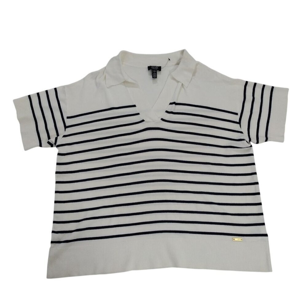 Jones New York Womens 1X Signature White & Navy Striped V-Neck Short Sleeve.